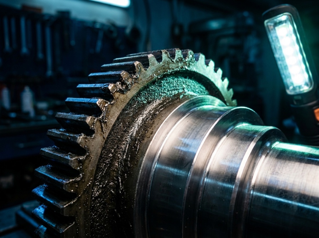 Engrenagem industrial metade engraxada, metade em aço polido