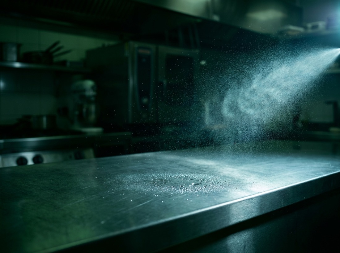 Bancada de inox de cozinha industrial com névoa de sanitizante
